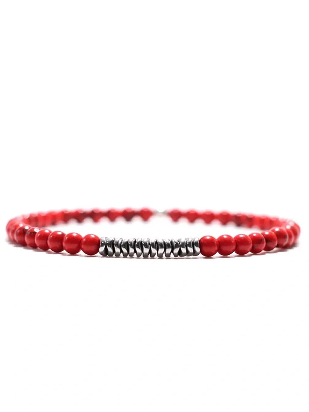 Red Beaded stone Stretch Bracelet Silver Accents men’s waterproof
